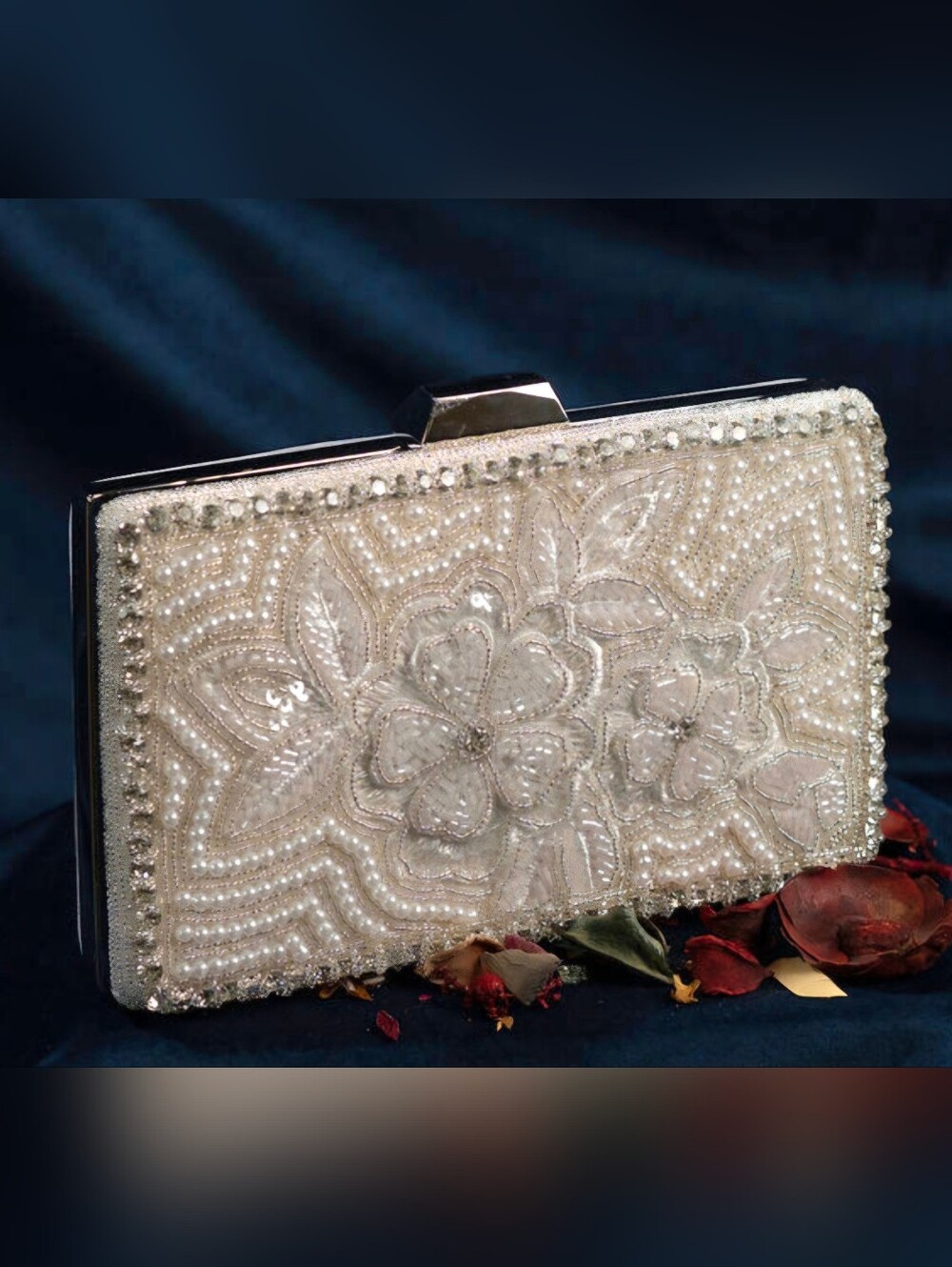 Elegant Ivory Beaded Floral Clutch - Women Bags